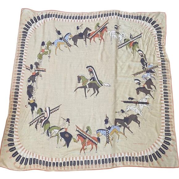 Rani Arabella Wool Silk Cashmere Scarf Indian Horse Feathers 50” Italy Neutral